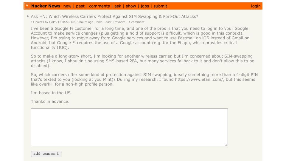 Screenshot of Hacker News post: Ask HN: Which Wireless Carriers Protect Against SIM Swapping & Port-Out Attacks?