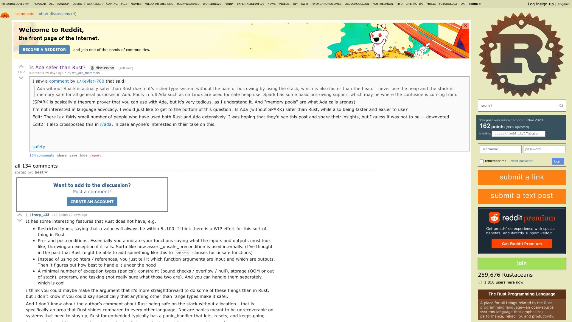 Screenshot of old.reddit.com: Is Ada safer than Rust?