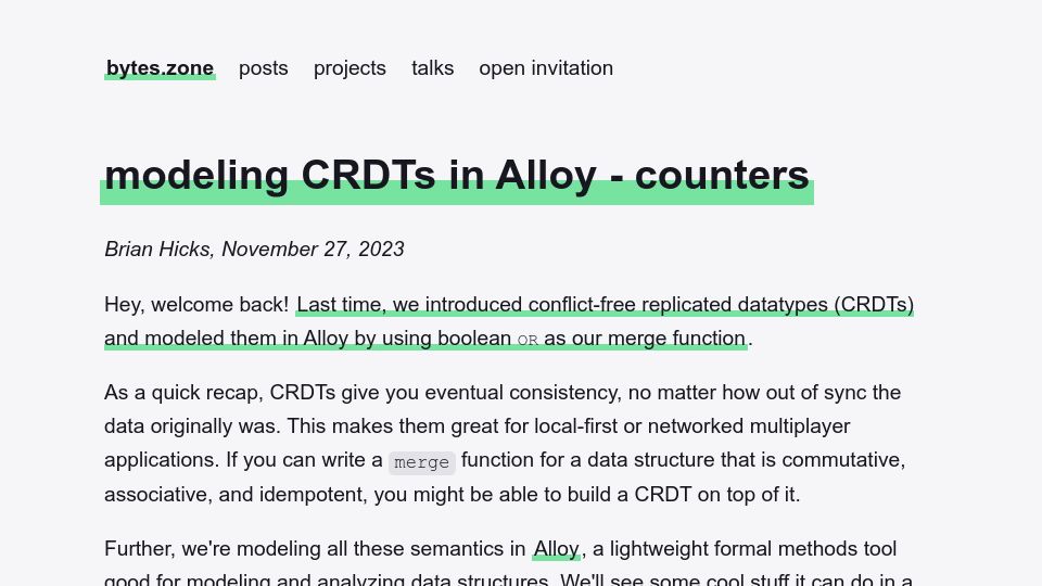Screenshot of bytes.zone: Modeling CRDTs in Alloy – Counters