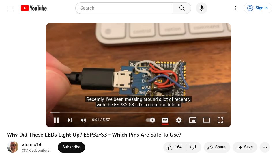 Screenshot of youtube.com: Why Did These LEDs Light Up? ESP32-S3 – Which Pins Are Safe to Use? [video]