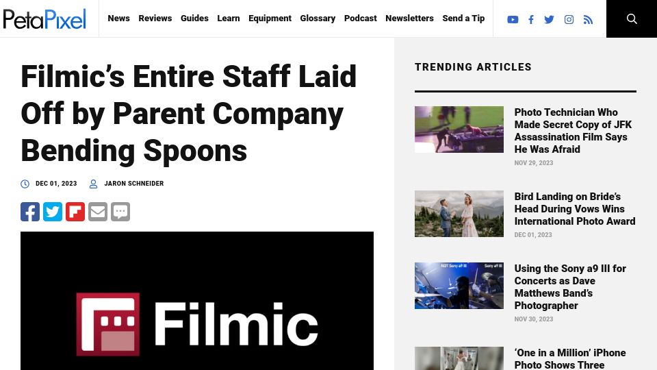 Screenshot of petapixel.com: Filmic's entire staff laid off by parent company Bending Spoons