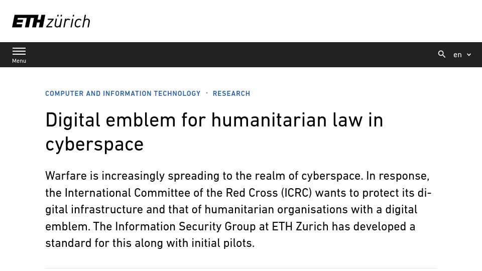 Screenshot of ethz.ch: Researchers create humanitarian law digital emblem for the Red Cross