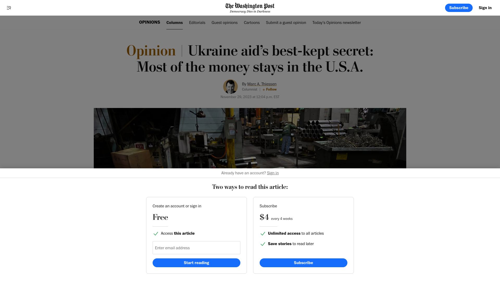 Screenshot of washingtonpost.com: Ukraine aid's best-kept secret: Most of the money stays in the USA