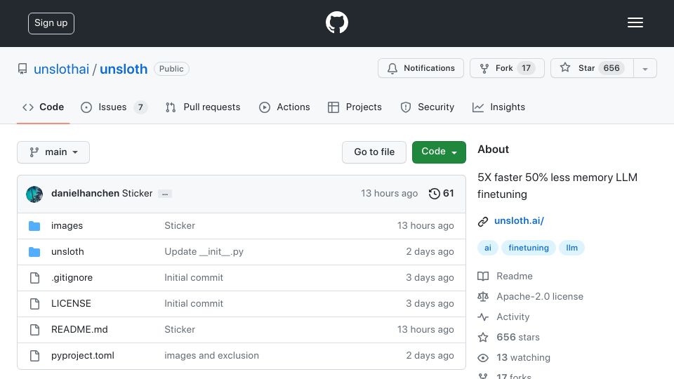 Screenshot of github.com: Show HN: 80% faster, 50% less memory, 0% loss of accuracy Llama finetuning