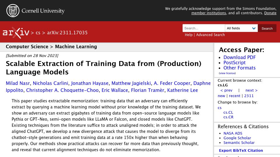Screenshot of arxiv.org: Scalable extraction of training data from (production) language models