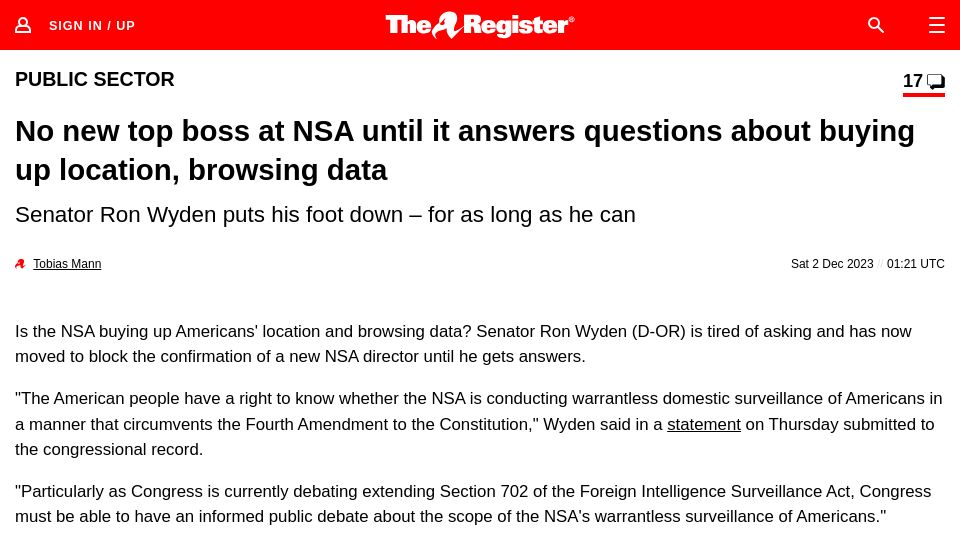 Screenshot of theregister.com: No new boss at NSA until it answers questions on buying location, browsing data