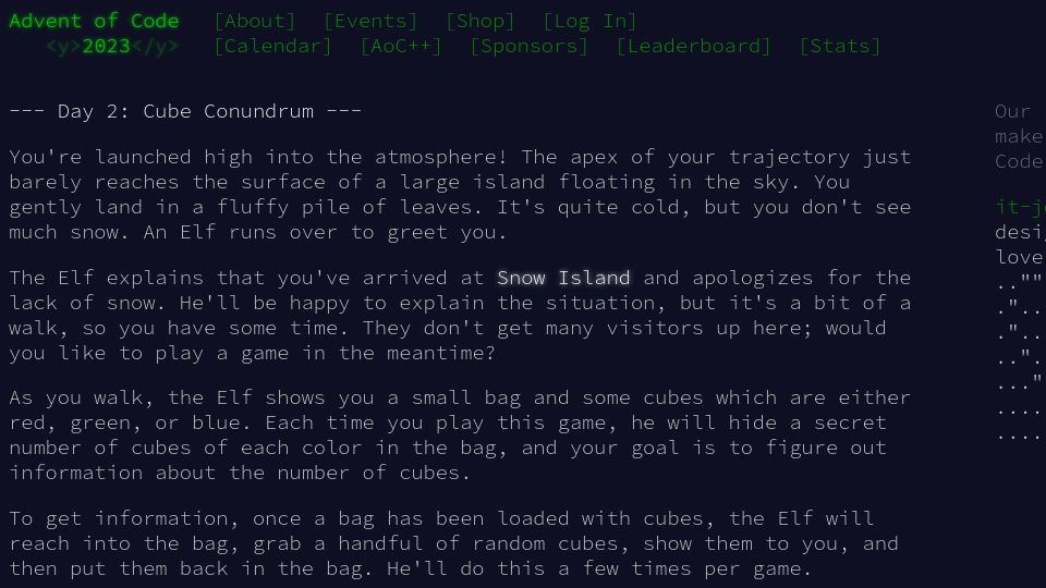 Screenshot of adventofcode.com: Advent of Code 2023 Day 2: Cube Conundrum