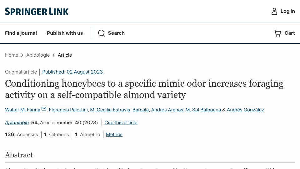 Screenshot of link.springer.com: Conditioning honeybees to a mimic odor increases foraging activity