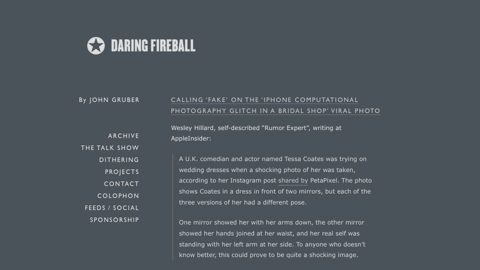 Screenshot of daringfireball.net: Calling 'Fake' on the iPhone Computational Photography Glitch