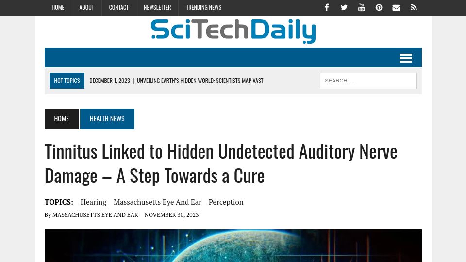 Screenshot of scitechdaily.com: Tinnitus linked to undetected auditory nerve damage
