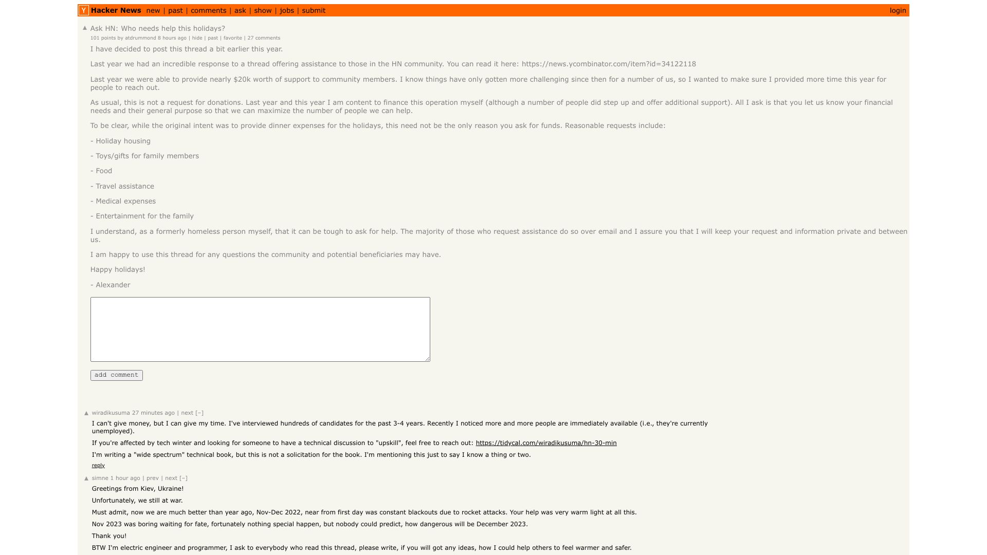 Screenshot of this Hacker News post: Ask HN: Who needs help this holidays?