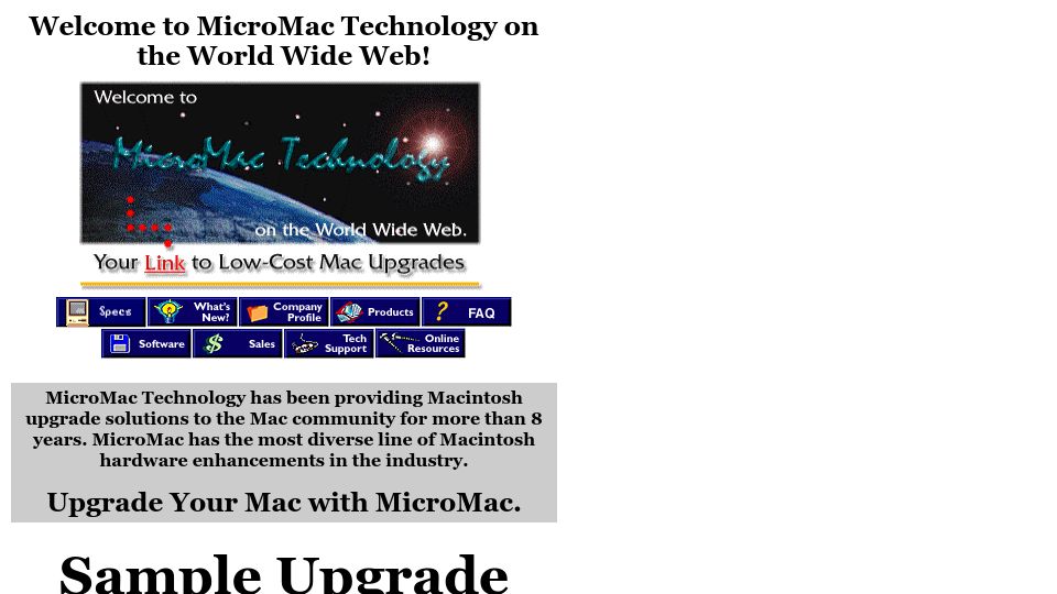 Screenshot of micromac.com: MicroMac Technology's Home Page for Macintosh Upgrades and Accelerators (2000)
