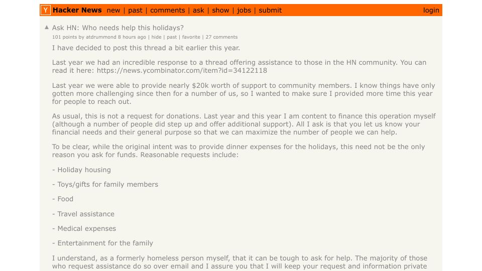 Screenshot of Hacker News post: Ask HN: Who needs help this holidays?