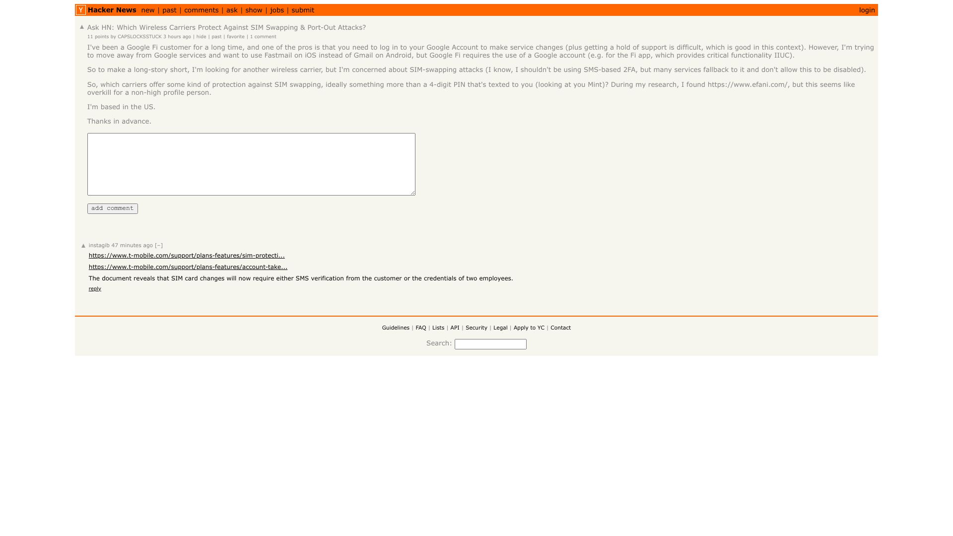 Screenshot of this Hacker News post: Ask HN: Which Wireless Carriers Protect Against SIM Swapping & Port-Out Attacks?