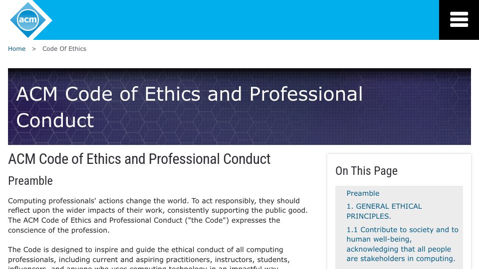 Screenshot of acm.org: ACM Code of Ethics and Professional Conduct