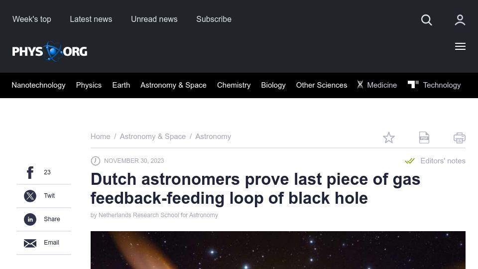 Screenshot of phys.org: Dutch astronomers prove last piece of gas feedback-feeding loop of black hole