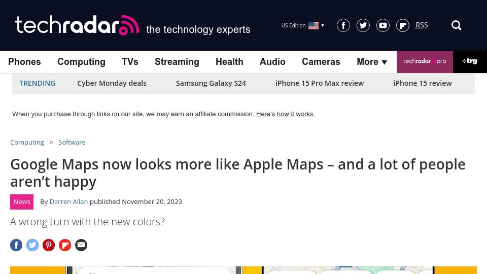 Screenshot of techradar.com: Google Maps now looks more like Apple Maps – and a lot of people aren't happy