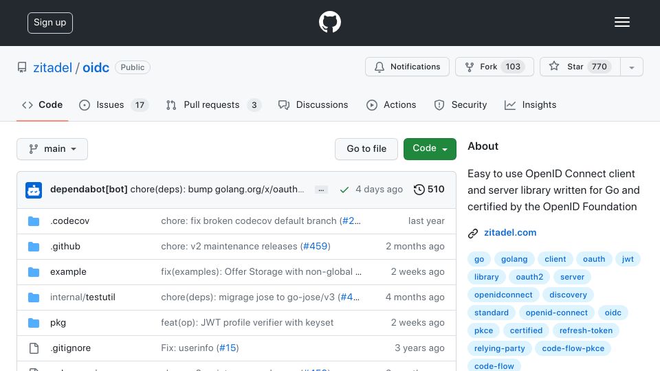 Screenshot of github.com: Easy to use OpenID Connect client and server library written for Go