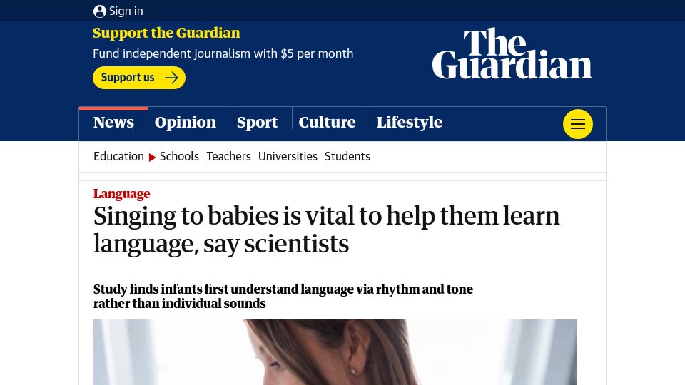 Screenshot of theguardian.com: Infants understand language via rhythm and tone rather than individual sounds