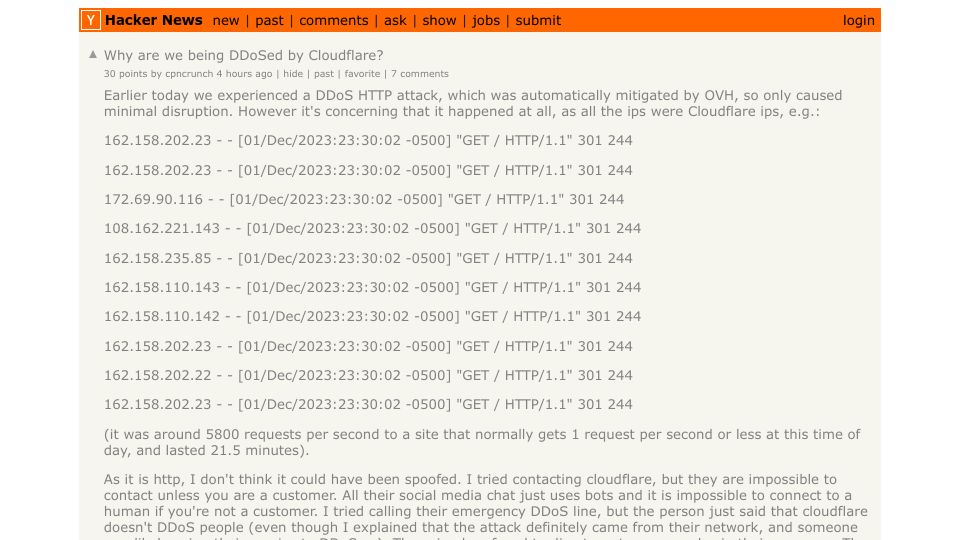 Screenshot of Hacker News post: Why are we being DDoSed by Cloudflare?