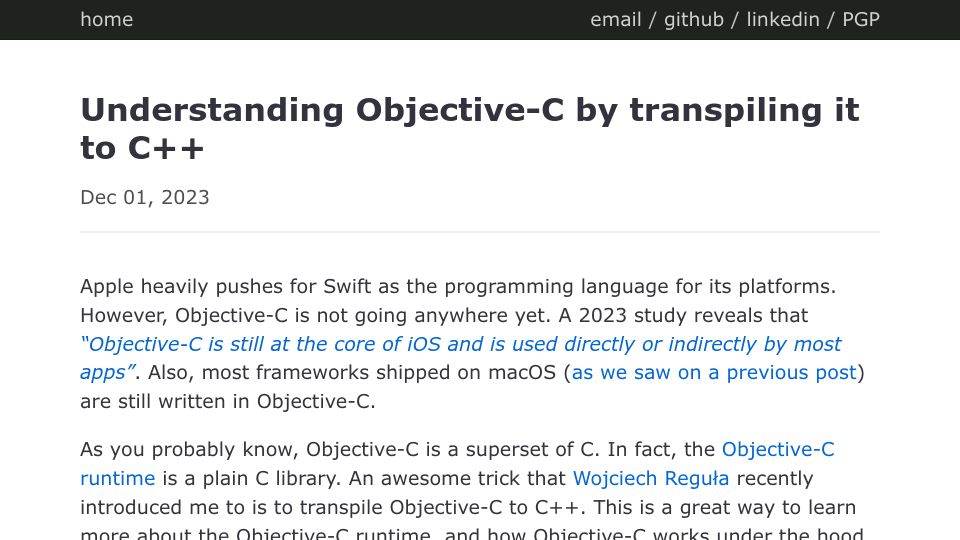 Screenshot of jviotti.com: Understanding Objective-C by transpiling it to C++