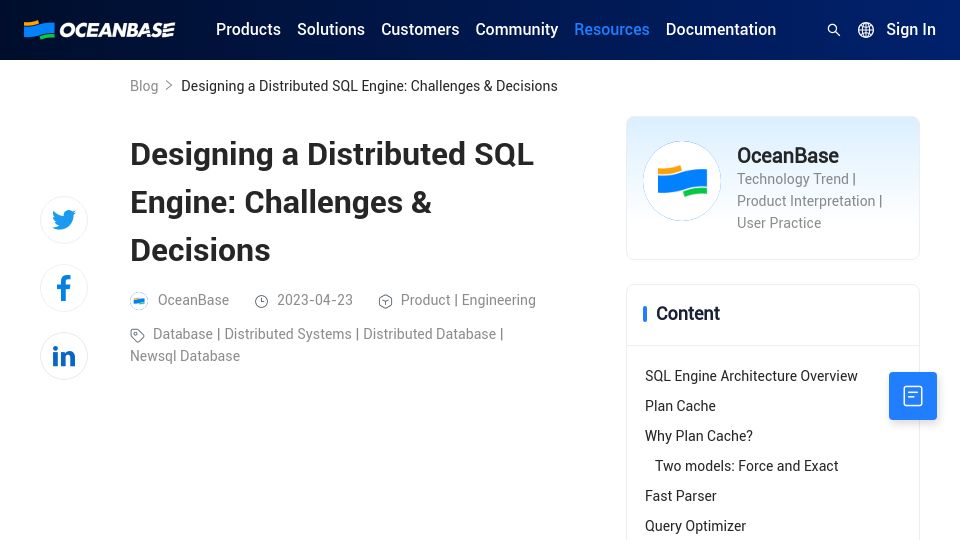 Screenshot of en.oceanbase.com: Designing a distributed SQL engine: Challenges and decisions