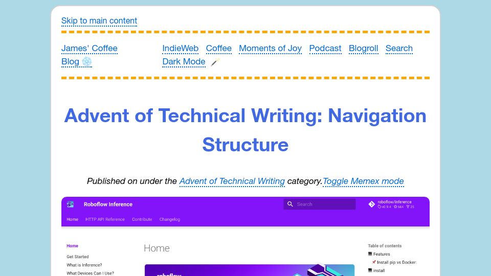 Screenshot of jamesg.blog: Advent of Technical Writing: Navigation Structure (Day 1 of 24)