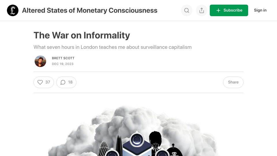 Screenshot of brettscott.substack.com: What seven hours in London teaches me about surveillance capitalism