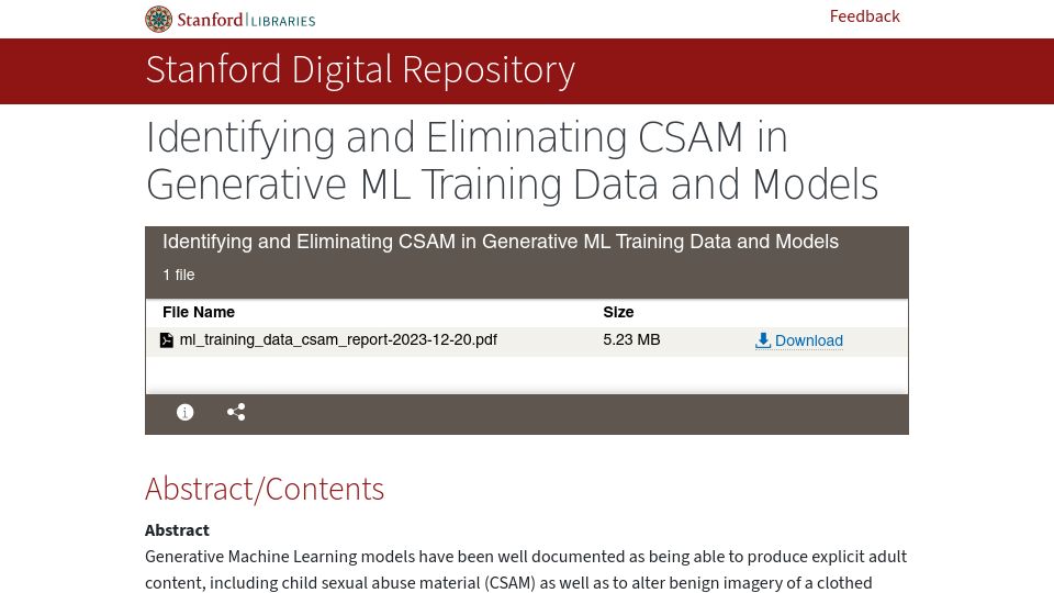 Screenshot of purl.stanford.edu: Identifying and eliminating CSAM in generative ML training data and models