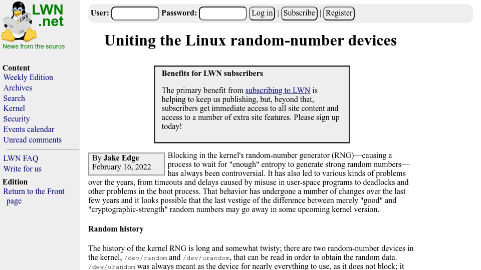 Screenshot of lwn.net: Uniting the Linux random-number devices (2022)