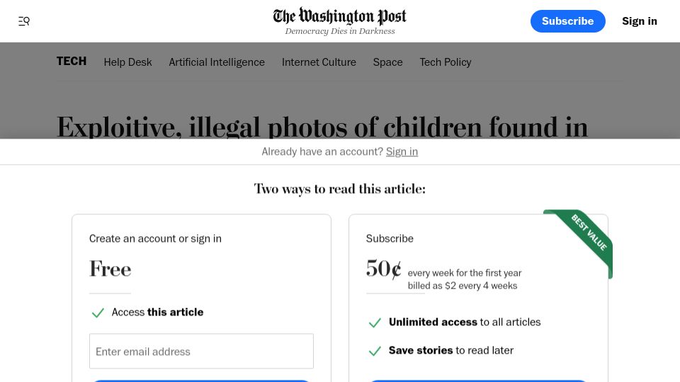 Screenshot of washingtonpost.com: Exploitive, illegal photos of children found in the data that trains some AI