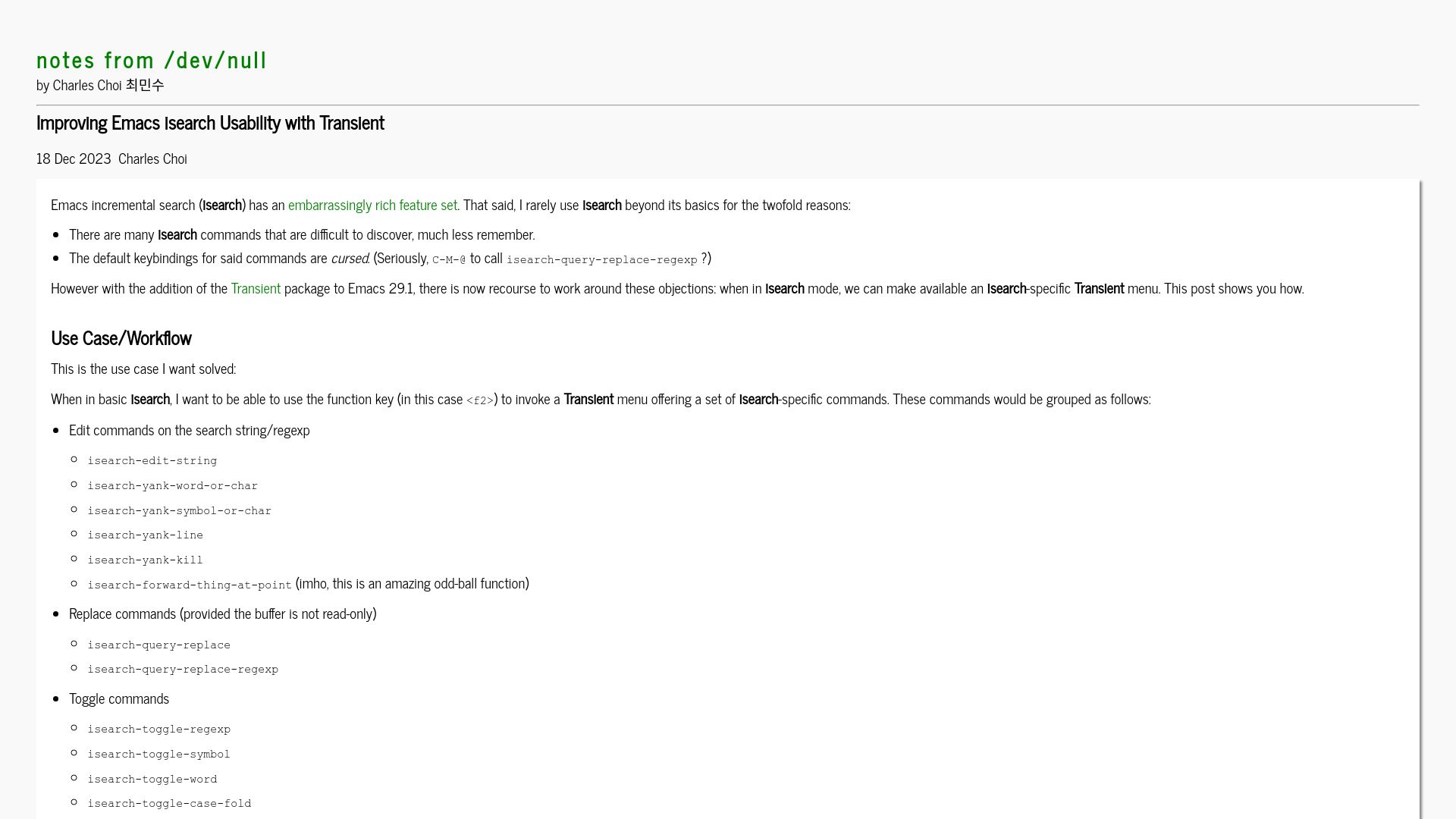 Screenshot of yummymelon.com: Improving Emacs Isearch Usability with Transient