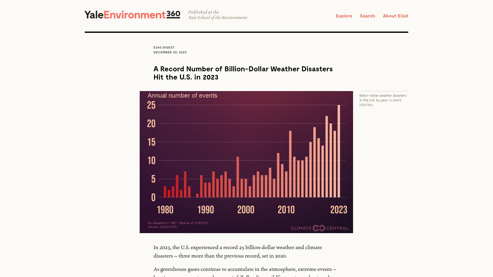 Screenshot of e360.yale.edu: A Record Number of Billion-Dollar Weather Disasters Hit the U.S. in 2023
