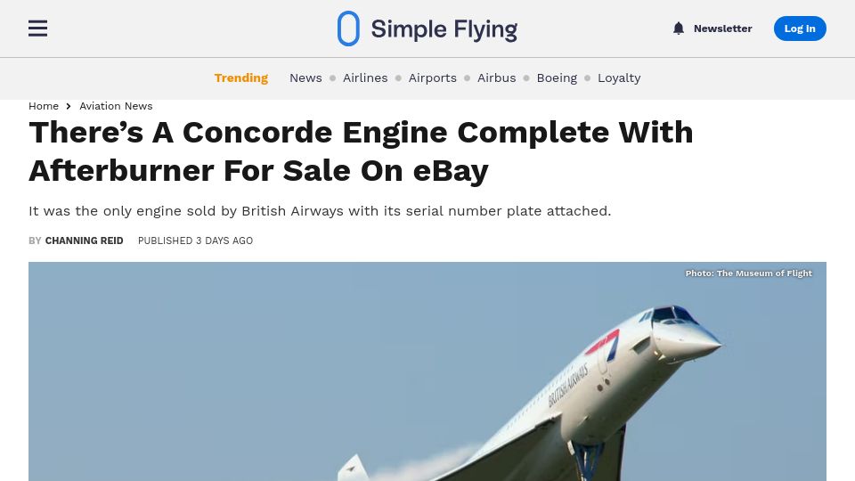 Screenshot of simpleflying.com: There's a Concorde Engine Complete with Afterburner for Sale on eBay