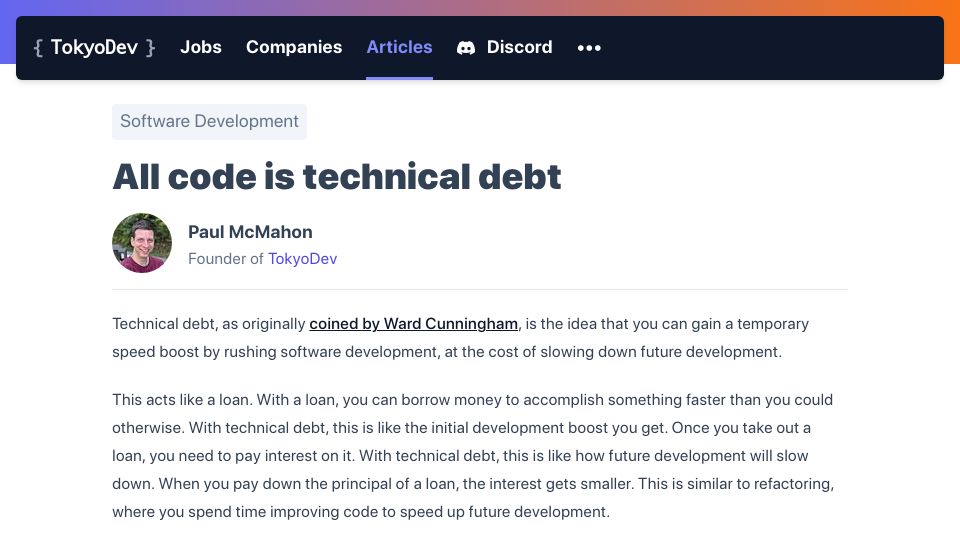Screenshot of tokyodev.com: All code is technical debt