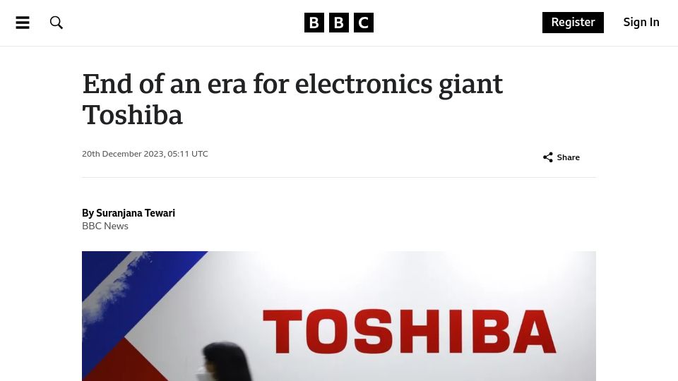 Screenshot of bbc.com: End of an era for electronics giant Toshiba