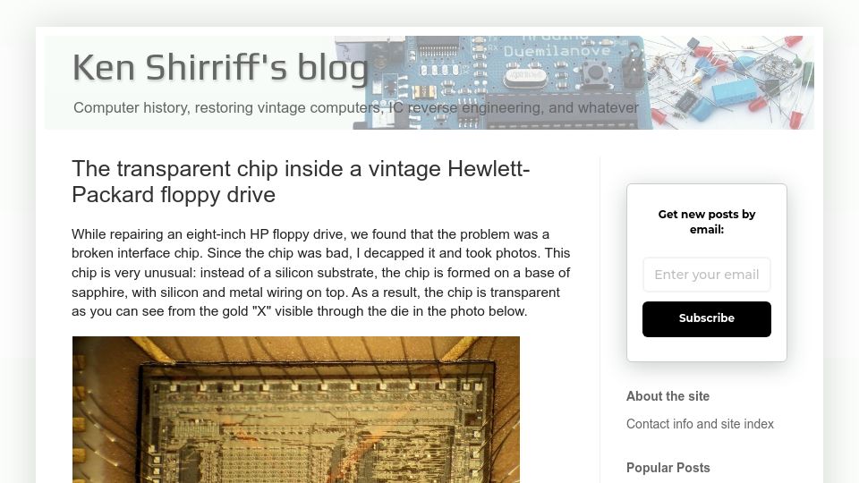 Screenshot of righto.com: The transparent chip inside a vintage Hewlett-Packard floppy drive