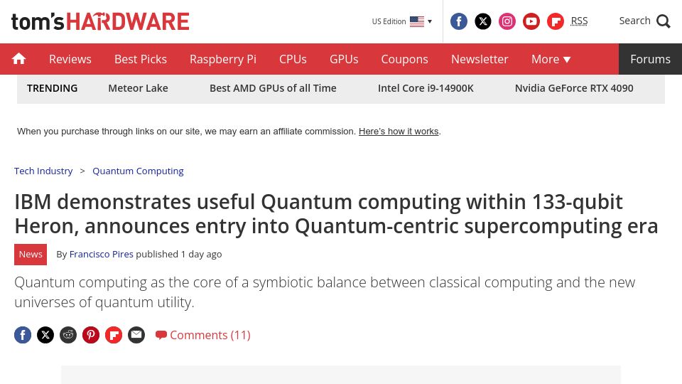 Screenshot of tomshardware.com: IBM demonstrates 133-qubit Heron