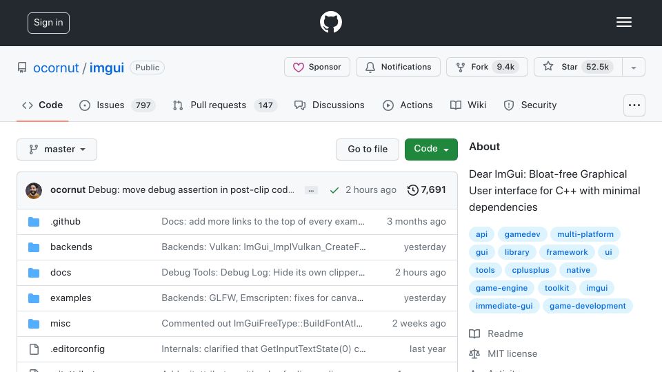 Screenshot of github.com: Dear ImGui: Graphical User Interface library for C++