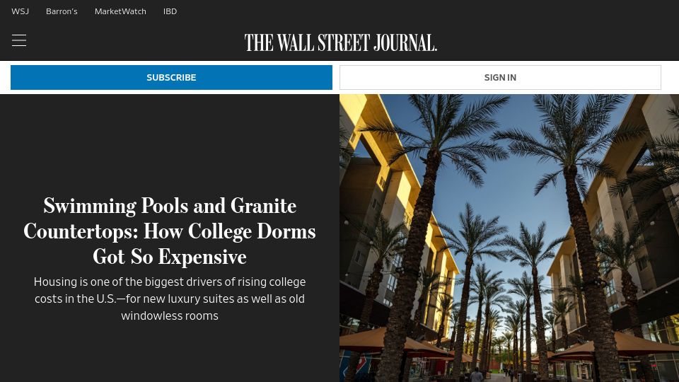 Screenshot of wsj.com: Swimming Pools and Granite Countertops: How College Dorms Got So Expensive