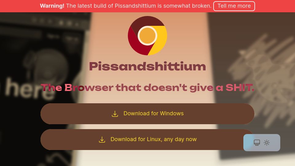 Screenshot of pissandshittium.org: Pissandshittium: The Browser that doesn't give a shit