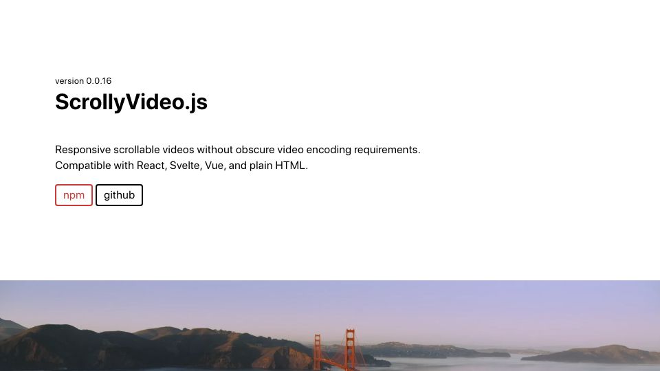 Screenshot of scrollyvideo.js.org: Responsive scrollable videos without obscure video encoding requirements