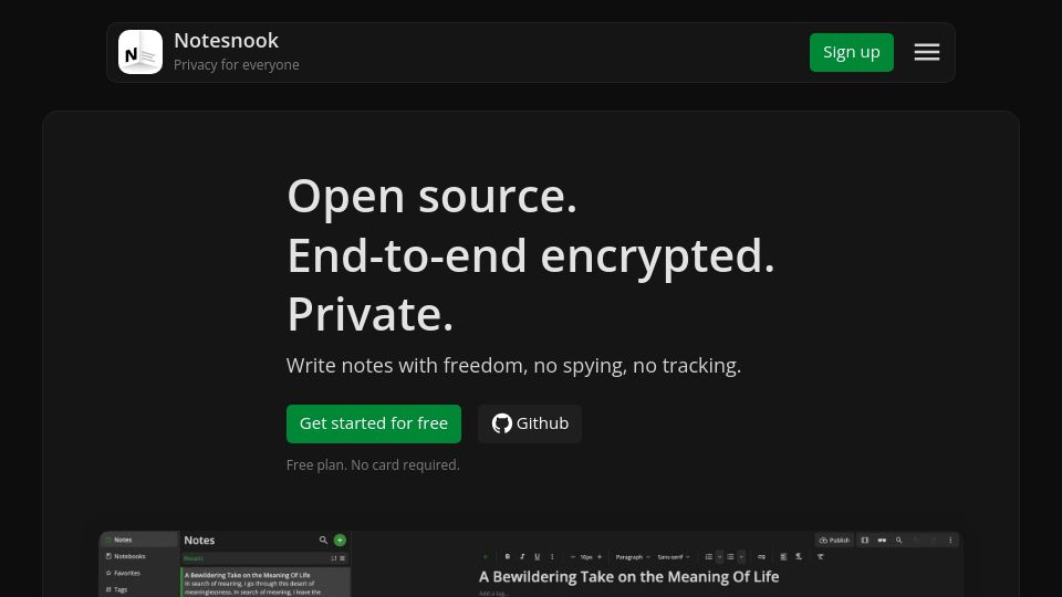 Screenshot of notesnook.com: Notesnook – open-source and zero knowledge private note taking app