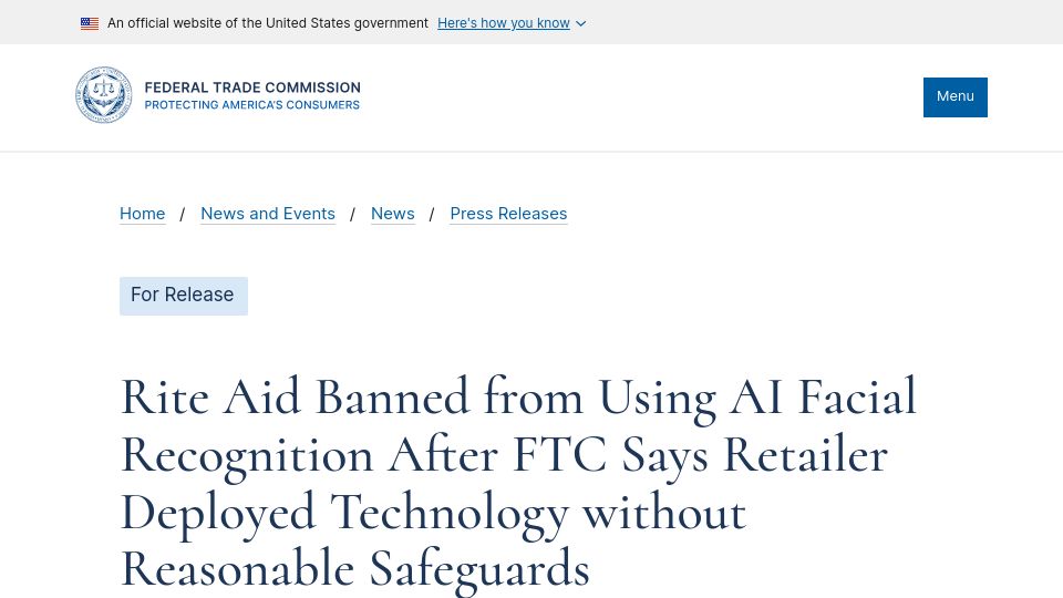 Screenshot of ftc.gov: Rite Aid banned from using AI facial recognition for five years