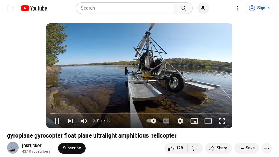 Screenshot of youtube.com: JP Krucker's weight shift amphibious autogyro [video]