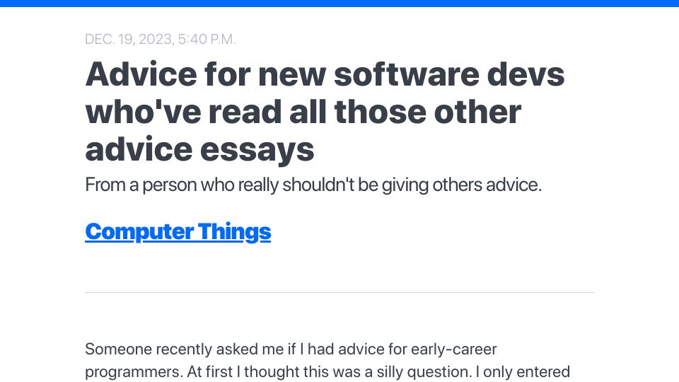 Screenshot of buttondown.email: Advice for new software devs who've read all those other advice essays