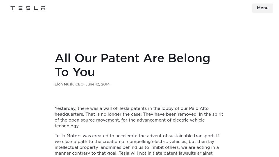 Screenshot of tesla.com: All our patent are belong to you (2014)