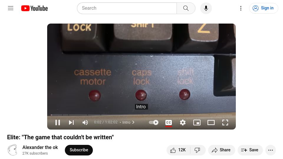 Screenshot of youtube.com: Elite: "The game that couldn't be written" [video]