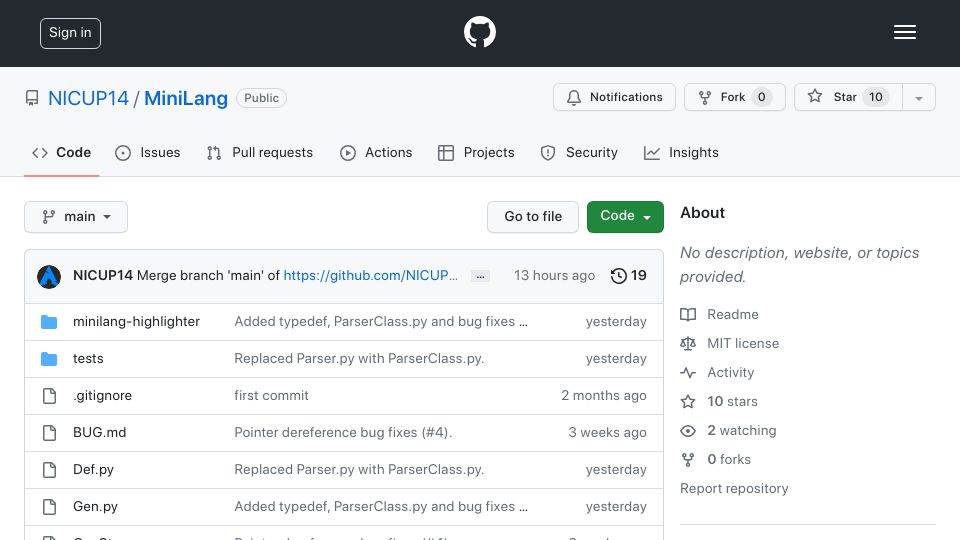 Screenshot of github.com: MiniLang: A type-safe C successor that compiles directly to x86_64 assembly