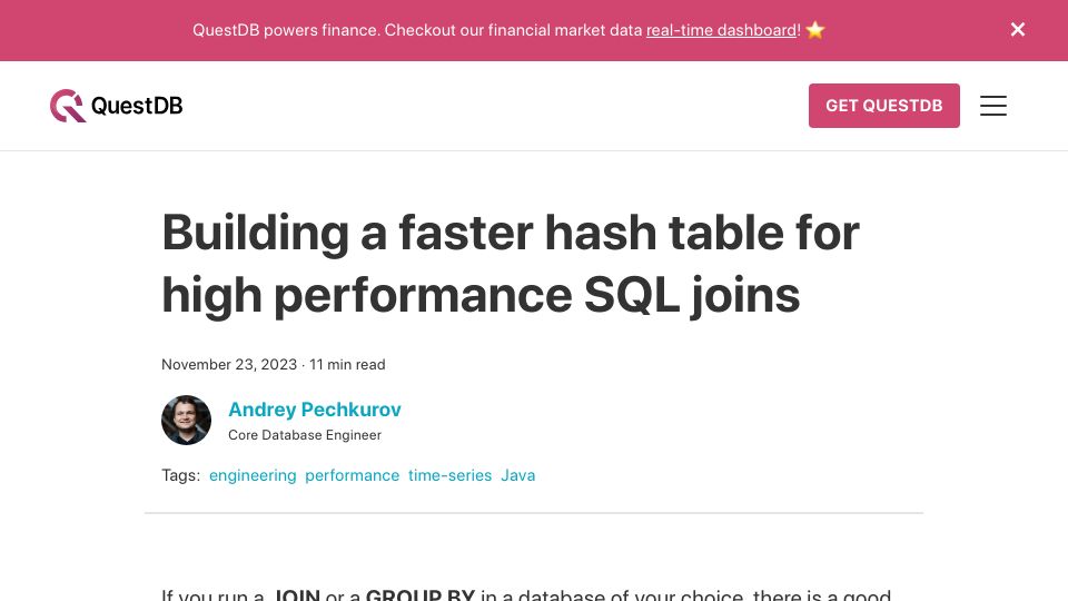 Screenshot of questdb.io: Building a faster hash table for high performance SQL joins
